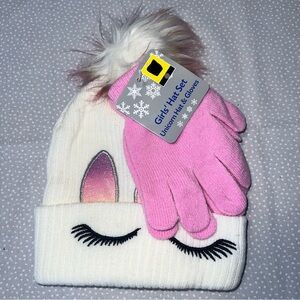 Unicorn Hat and Gloves Set for Girls - White and Pink